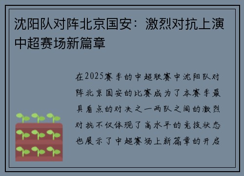 沈阳队对阵北京国安：激烈对抗上演中超赛场新篇章